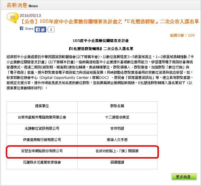 狂賀 !! 成功群聚第二次入選 105年度中小企業數位關懷普及計畫之『E化塑造群聚』